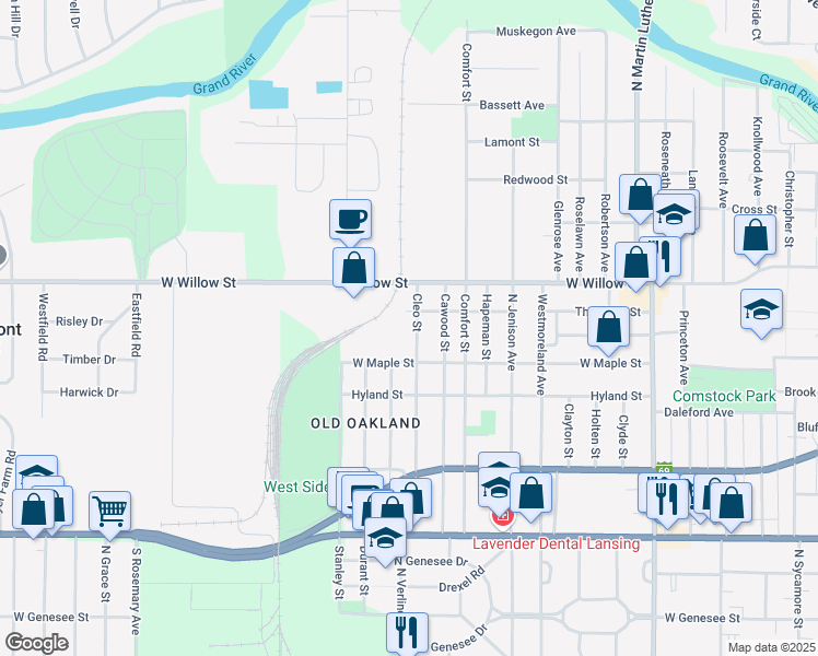 map of restaurants, bars, coffee shops, grocery stores, and more near 1131 Cleo St in Lansing