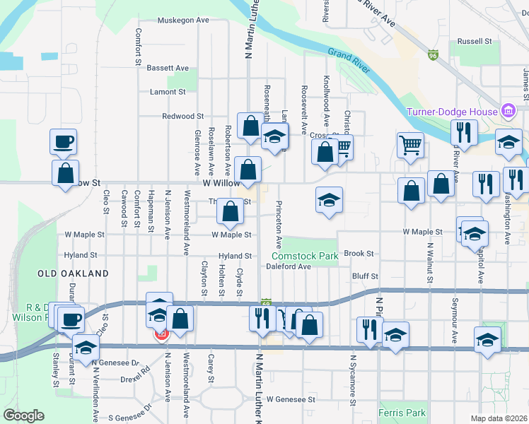map of restaurants, bars, coffee shops, grocery stores, and more near 1134 North Martin Luther King Junior Boulevard in Lansing