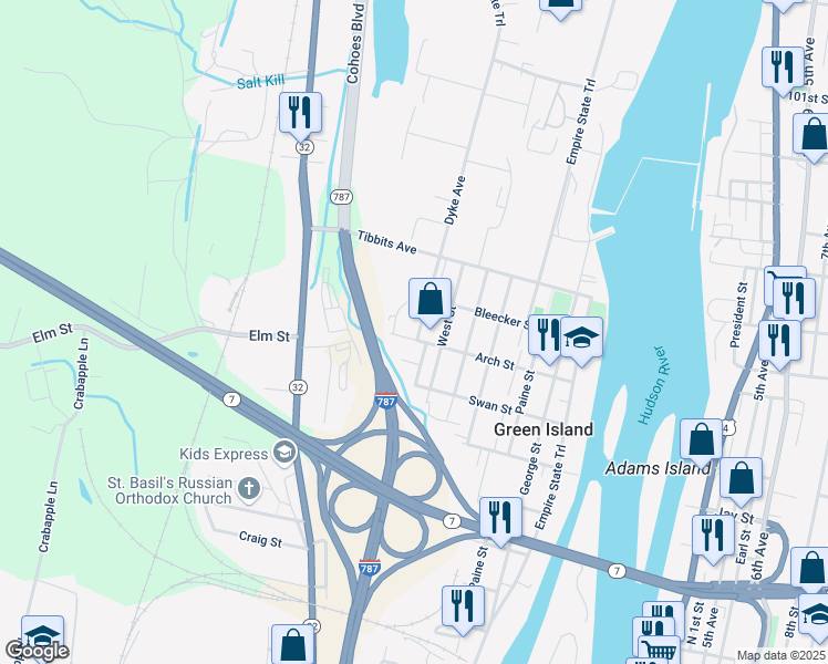 map of restaurants, bars, coffee shops, grocery stores, and more near 69 Arch Street in Green Island