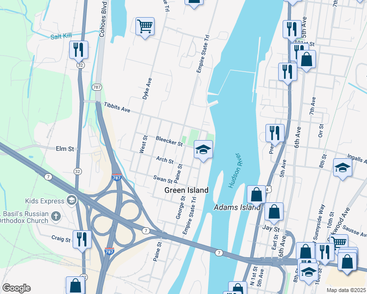 map of restaurants, bars, coffee shops, grocery stores, and more near 187 Paine Street in Troy