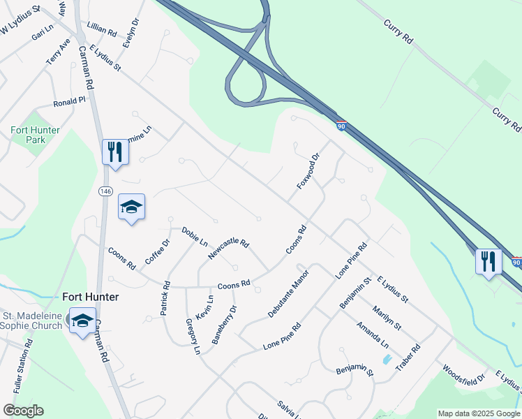 map of restaurants, bars, coffee shops, grocery stores, and more near 6243 Randomwood Drive in Schenectady