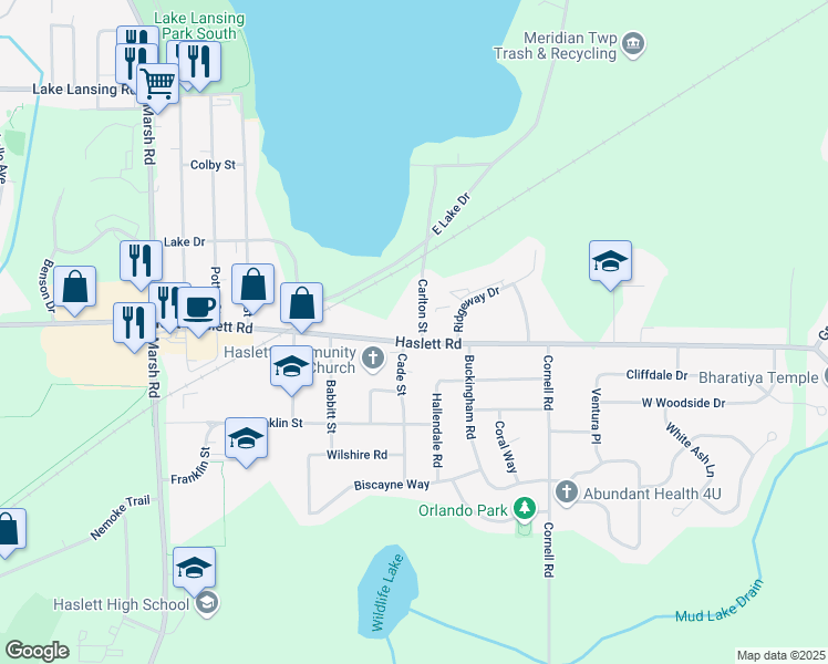 map of restaurants, bars, coffee shops, grocery stores, and more near 1400 Haslett Road in Meridian charter Township