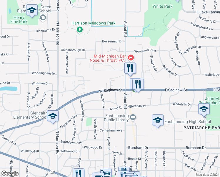map of restaurants, bars, coffee shops, grocery stores, and more near 230 West Saginaw Street in East Lansing