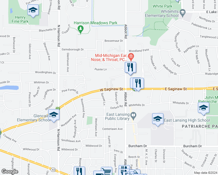 map of restaurants, bars, coffee shops, grocery stores, and more near 230 West Saginaw Street in East Lansing
