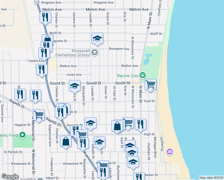 map of restaurants, bars, coffee shops, grocery stores, and more near 2036 Saint Clair Street in Racine