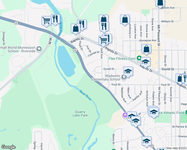 map of restaurants, bars, coffee shops, grocery stores, and more near 3117 Adams Drive in Racine