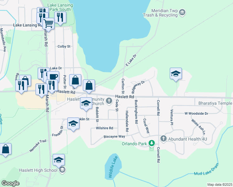 map of restaurants, bars, coffee shops, grocery stores, and more near 1400 Haslett Road in Meridian Charter Township