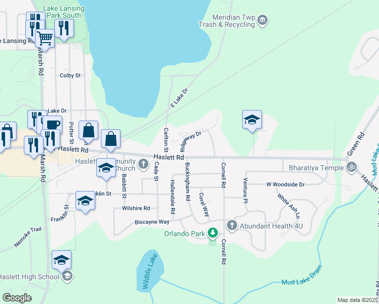 map of restaurants, bars, coffee shops, grocery stores, and more near 1322 Haslett Road in Haslett