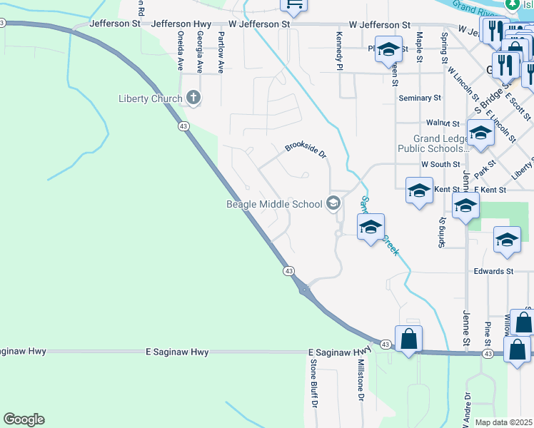 map of restaurants, bars, coffee shops, grocery stores, and more near 1116 Timber Creek Drive in Grand Ledge