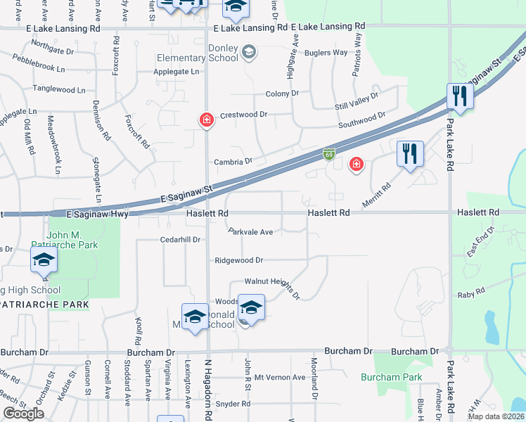 map of restaurants, bars, coffee shops, grocery stores, and more near 1645 Haslett Road in East Lansing
