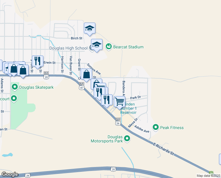 map of restaurants, bars, coffee shops, grocery stores, and more near 1019 Laredo Drive in Douglas