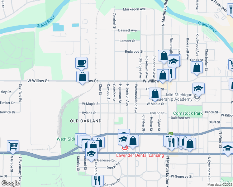 map of restaurants, bars, coffee shops, grocery stores, and more near 1132 Comfort St in Lansing