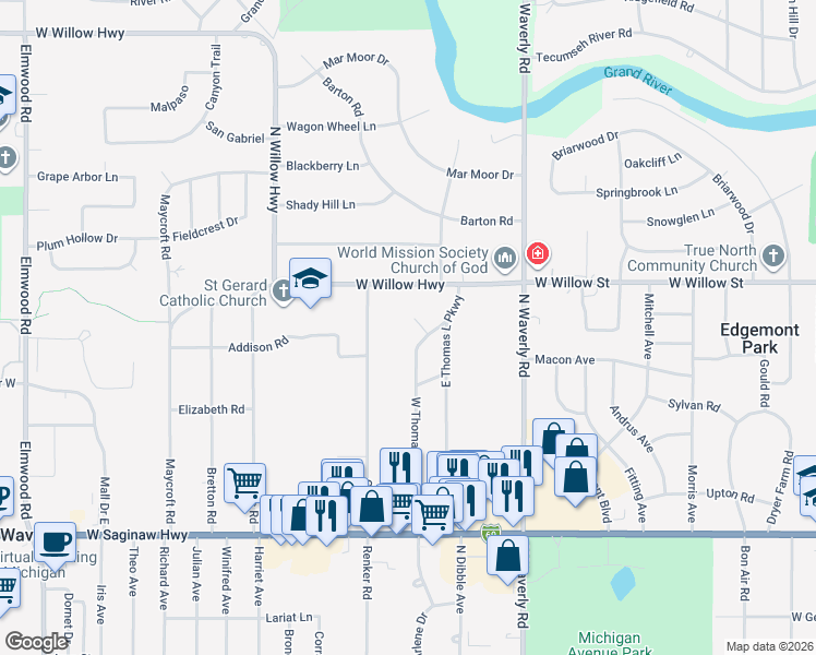 map of restaurants, bars, coffee shops, grocery stores, and more near 4217 Knoll Circle in Lansing