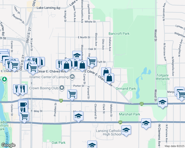 map of restaurants, bars, coffee shops, grocery stores, and more near 1242 East César E. Chávez Avenue in Lansing