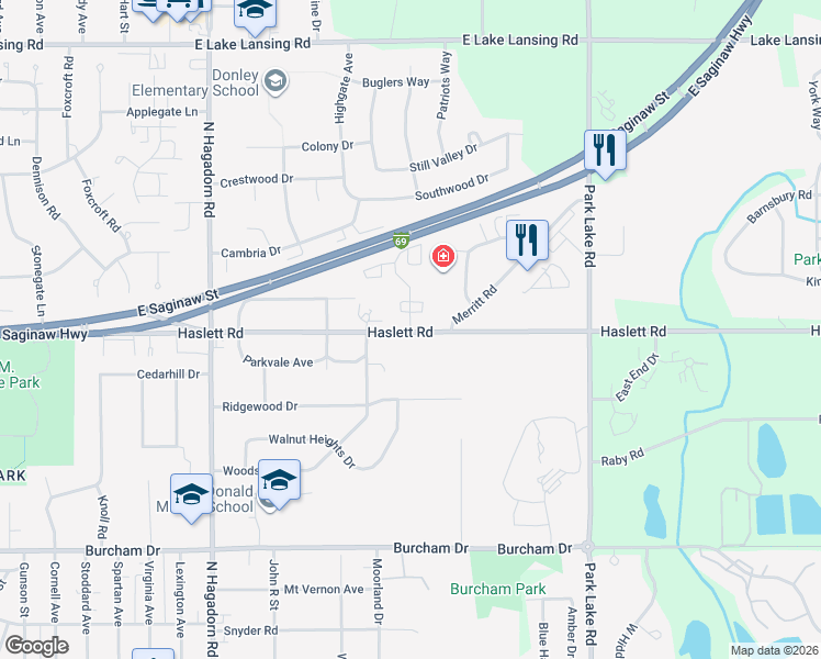 map of restaurants, bars, coffee shops, grocery stores, and more near 1203 Deer Path Lane in East Lansing