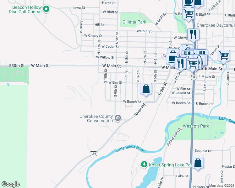 map of restaurants, bars, coffee shops, grocery stores, and more near 328 South 9th Street in Cherokee