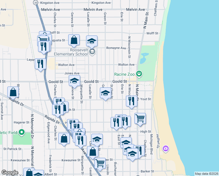 map of restaurants, bars, coffee shops, grocery stores, and more near 2036 Saint Clair Street in Racine