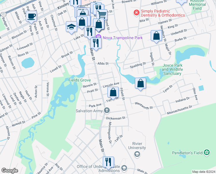 map of restaurants, bars, coffee shops, grocery stores, and more near 9 Lincoln Avenue in Nashua
