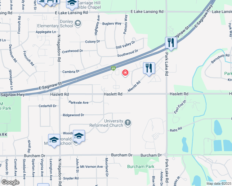 map of restaurants, bars, coffee shops, grocery stores, and more near 1202 Deer Path Lane in East Lansing
