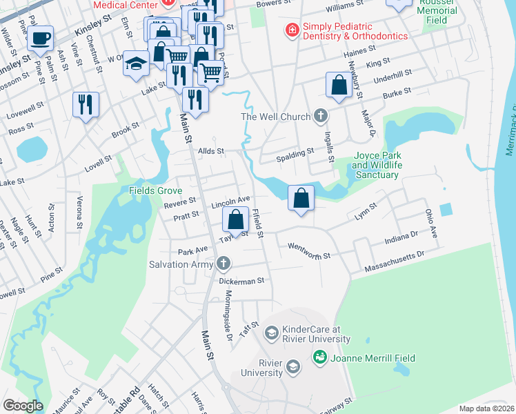 map of restaurants, bars, coffee shops, grocery stores, and more near 28 Russell Avenue in Nashua