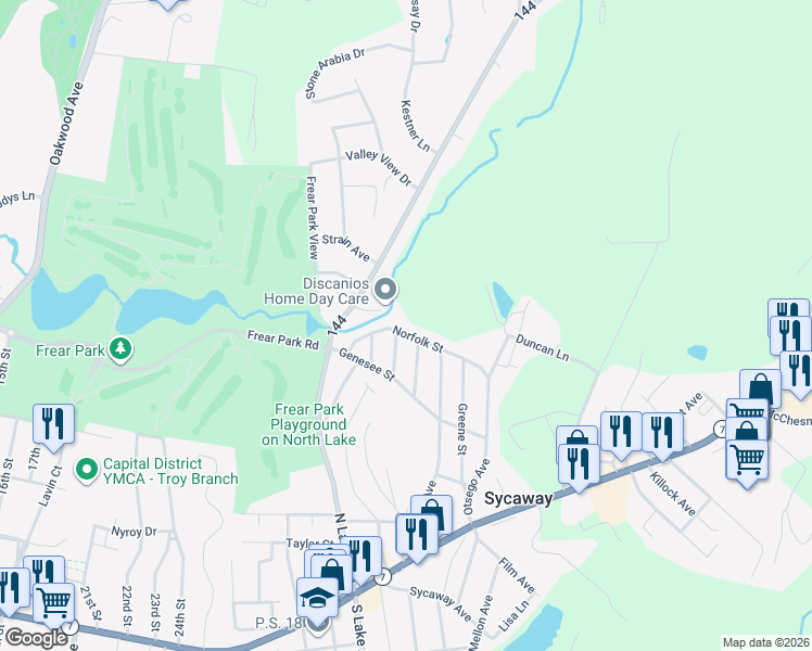 map of restaurants, bars, coffee shops, grocery stores, and more near 111 Seneca Street in Troy