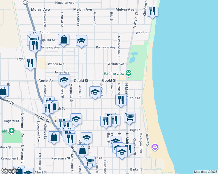 map of restaurants, bars, coffee shops, grocery stores, and more near 2040 Erie Street in Racine