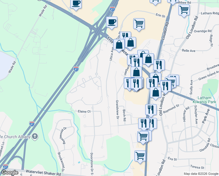 map of restaurants, bars, coffee shops, grocery stores, and more near 43 Grandview Drive in Latham