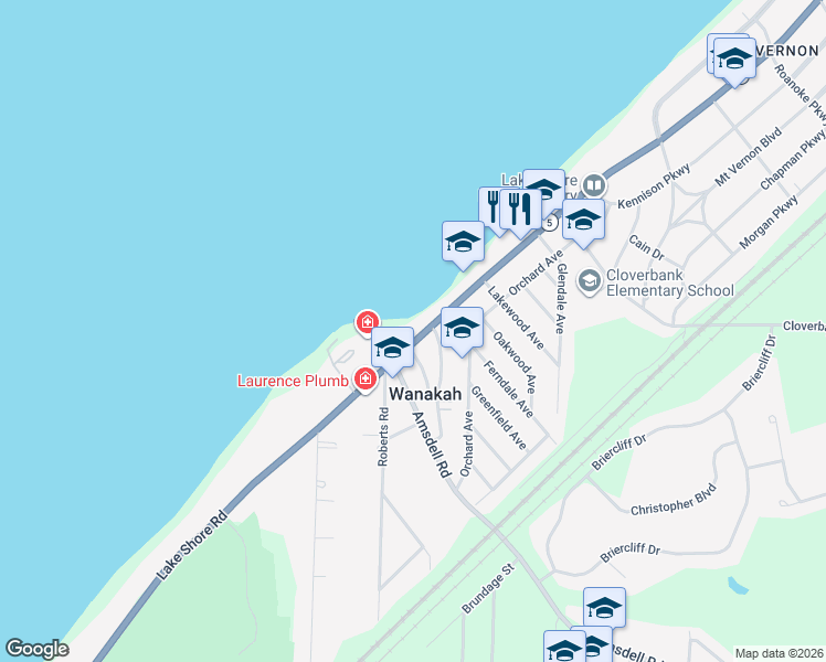 map of restaurants, bars, coffee shops, grocery stores, and more near 5004 Lake Shore Road in Hamburg