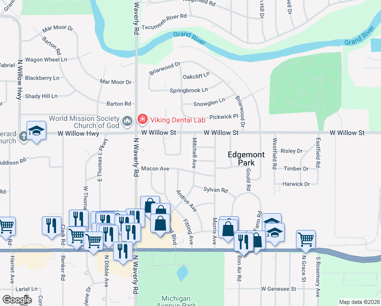 map of restaurants, bars, coffee shops, grocery stores, and more near 1139 Mitchell Avenue in Lansing