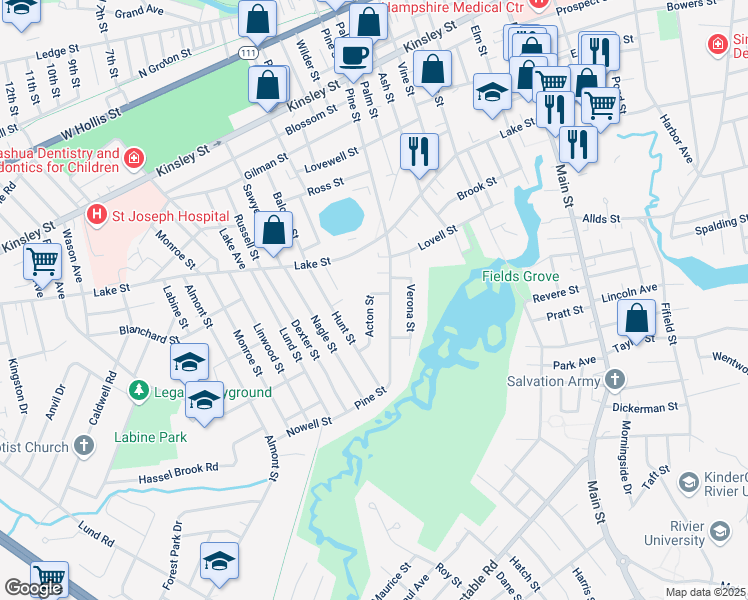 map of restaurants, bars, coffee shops, grocery stores, and more near 4 Acton Street in Nashua