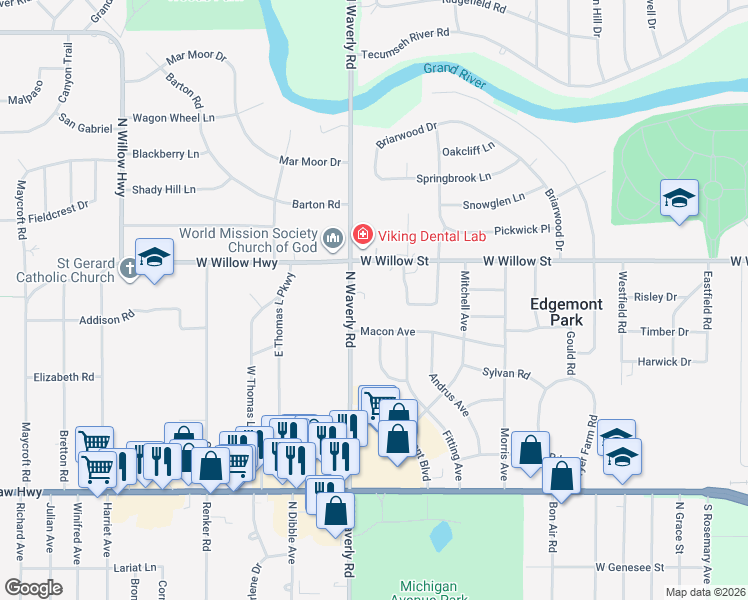 map of restaurants, bars, coffee shops, grocery stores, and more near 1130 North Waverly Road in Lansing