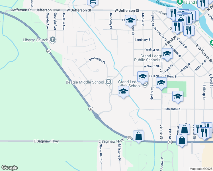 map of restaurants, bars, coffee shops, grocery stores, and more near 600 West Street in Grand Ledge