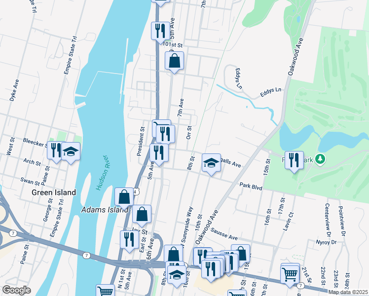 map of restaurants, bars, coffee shops, grocery stores, and more near 61-63 Ingalls Avenue in Troy