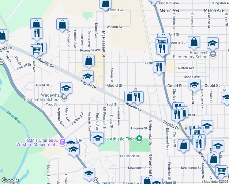 map of restaurants, bars, coffee shops, grocery stores, and more near 2045 Shoop Street in Racine