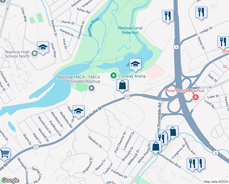 map of restaurants, bars, coffee shops, grocery stores, and more near 8 Riverside Street in Nashua