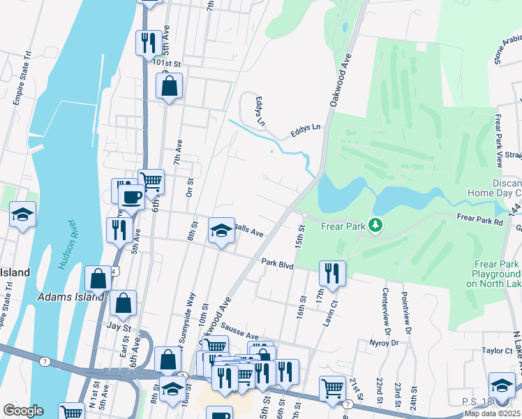 map of restaurants, bars, coffee shops, grocery stores, and more near 12 Farview Avenue in Troy