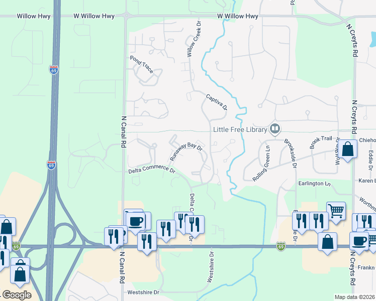 map of restaurants, bars, coffee shops, grocery stores, and more near 1241 Runaway Bay Drive in Lansing