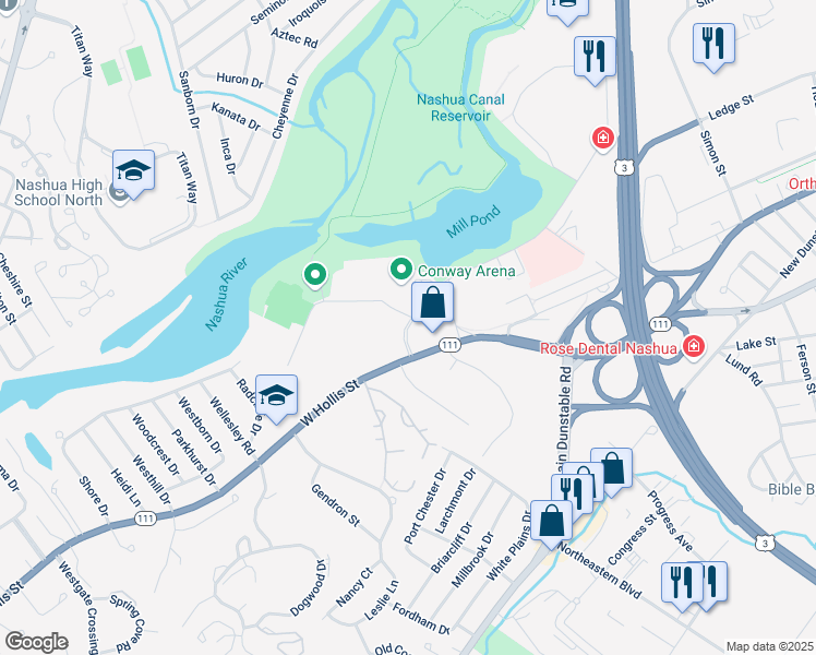 map of restaurants, bars, coffee shops, grocery stores, and more near 8 Riverside Street in Nashua
