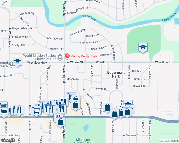 map of restaurants, bars, coffee shops, grocery stores, and more near 1139 Mitchell Avenue in Lansing