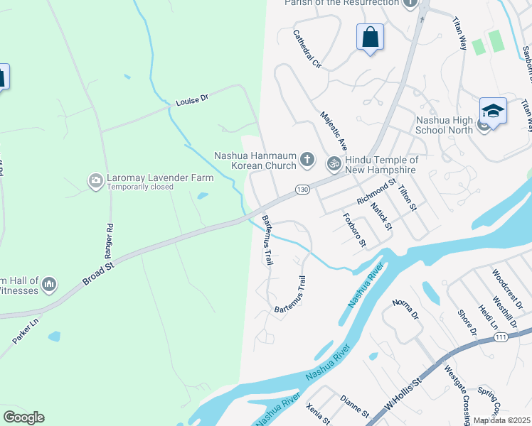 map of restaurants, bars, coffee shops, grocery stores, and more near 5 Bartemus Trail in Nashua
