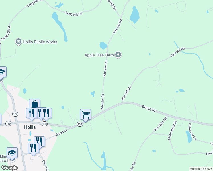 map of restaurants, bars, coffee shops, grocery stores, and more near 21 Wheeler Road in Hollis