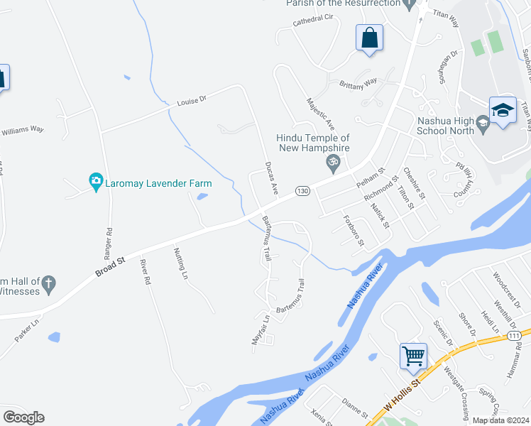 map of restaurants, bars, coffee shops, grocery stores, and more near 606 Broad Street in Nashua