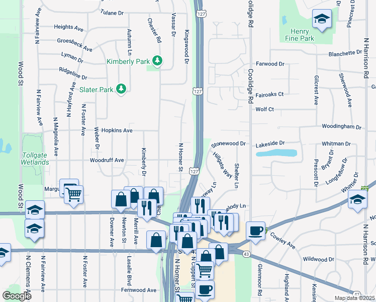 map of restaurants, bars, coffee shops, grocery stores, and more near 3019 Woodruff Avenue in Lansing