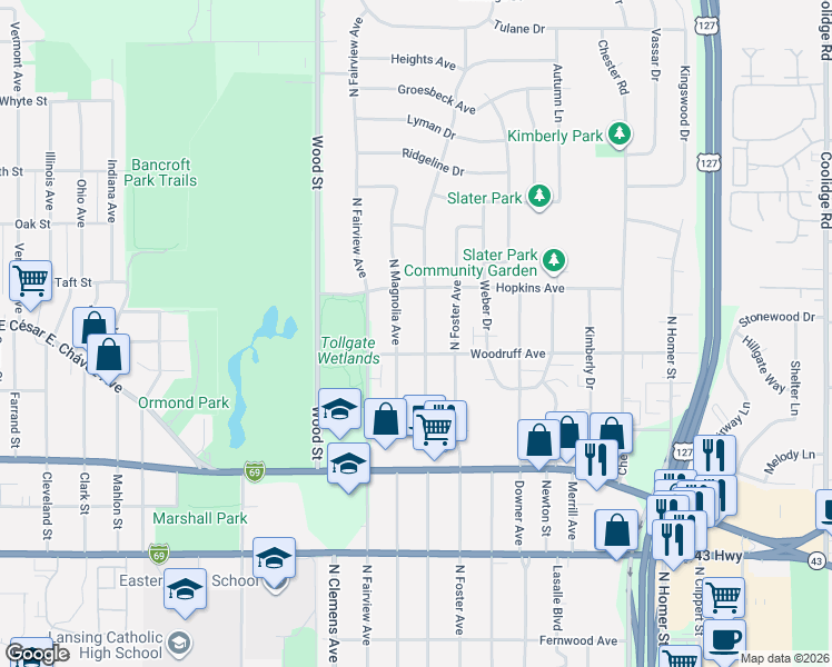 map of restaurants, bars, coffee shops, grocery stores, and more near 1213 North Hayford Avenue in Lansing