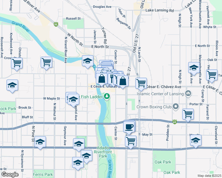 map of restaurants, bars, coffee shops, grocery stores, and more near 226 East Grand River Avenue in Lansing
