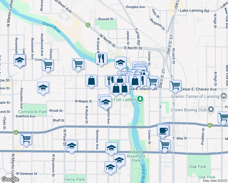 map of restaurants, bars, coffee shops, grocery stores, and more near 1124 North Capitol Avenue in Lansing