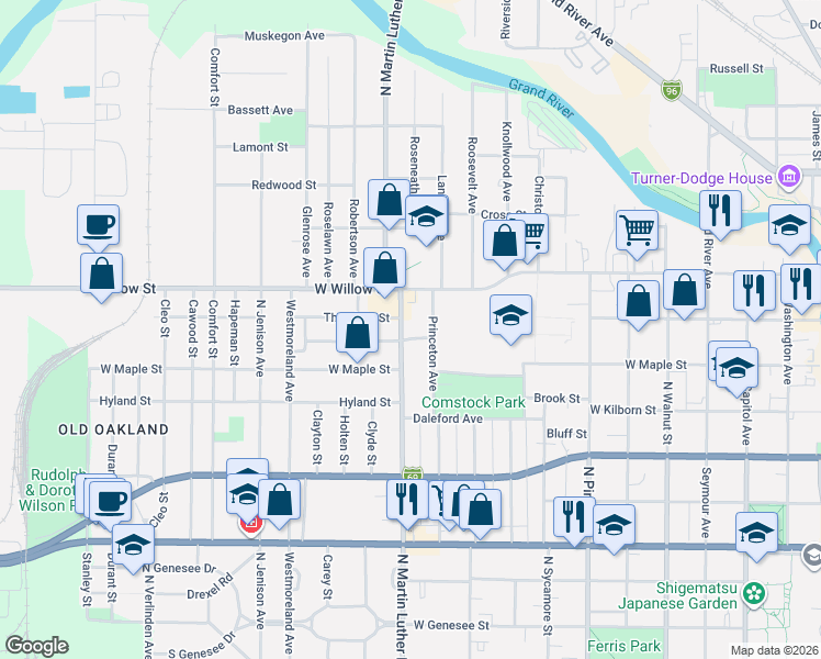 map of restaurants, bars, coffee shops, grocery stores, and more near 1134 North Martin Luther King Junior Boulevard in Lansing