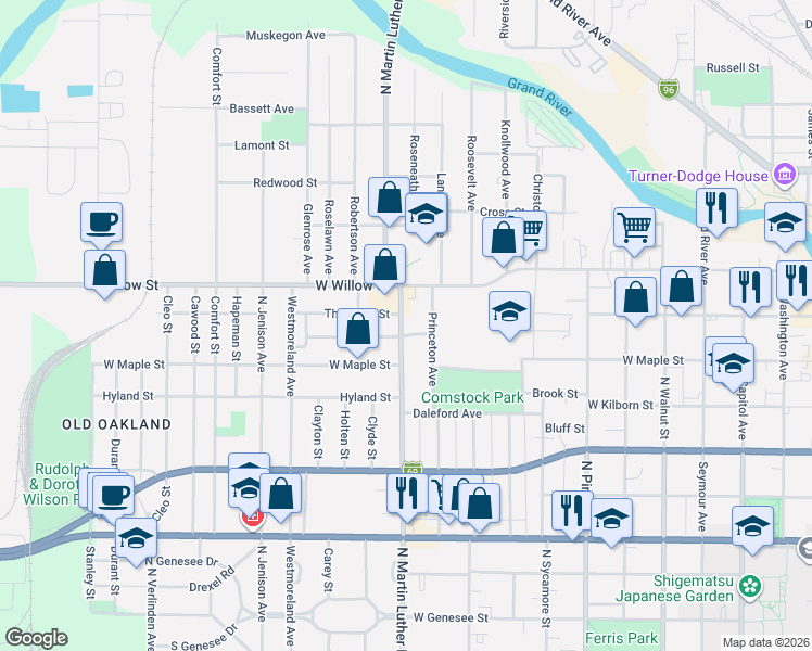 map of restaurants, bars, coffee shops, grocery stores, and more near 1134 North Martin Luther King Junior Boulevard in Lansing