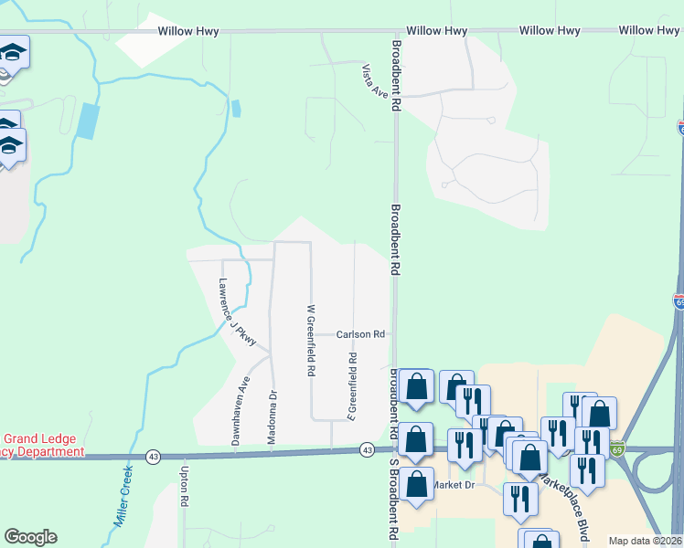 map of restaurants, bars, coffee shops, grocery stores, and more near 12419 East Greenfield Road in Lansing