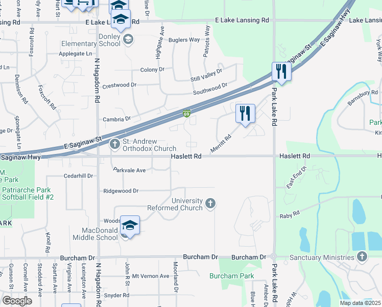 map of restaurants, bars, coffee shops, grocery stores, and more near 1205 Deer Path Lane in East Lansing
